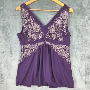 Womens Top Large Purple Babydoll Y2K Floral Lace Coquette Fairy Metallic Tank